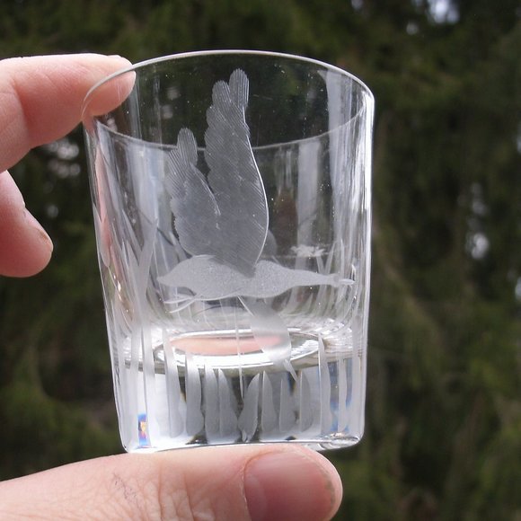 Vintage Flying Goose & Cattails Etched Shot Glass